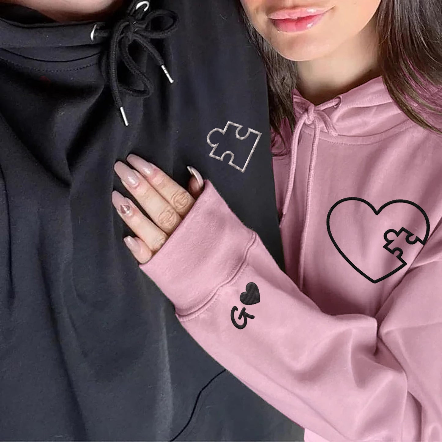 Personalisierte Kapuzenpullover Mit Stickerei – Herz-Puzzle-Design für Sie & Ihn